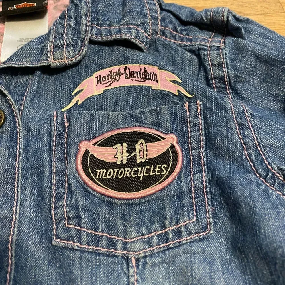 Harley Davidson Girls' Toddler 2T Denim Jacket with Pink Accents Button Down